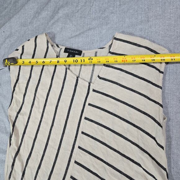 Tahari Wom LG Asymmetrical Striped Linen Blend Short Sleeve Dress Tan Black EUC - Picture 6 of 11